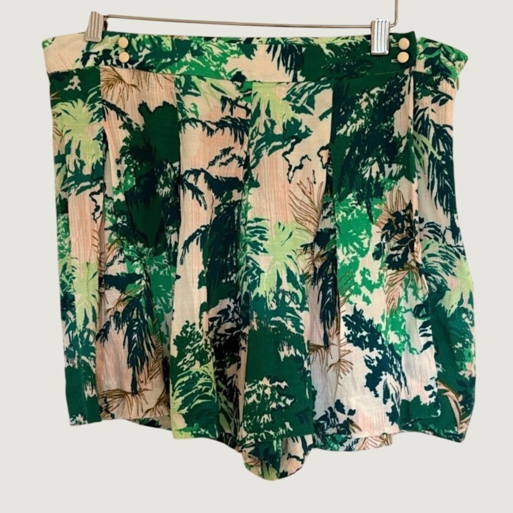 Elevenses Anthropologie Green Tropical Palm Tree Pleated Skort Size 8 resortwear